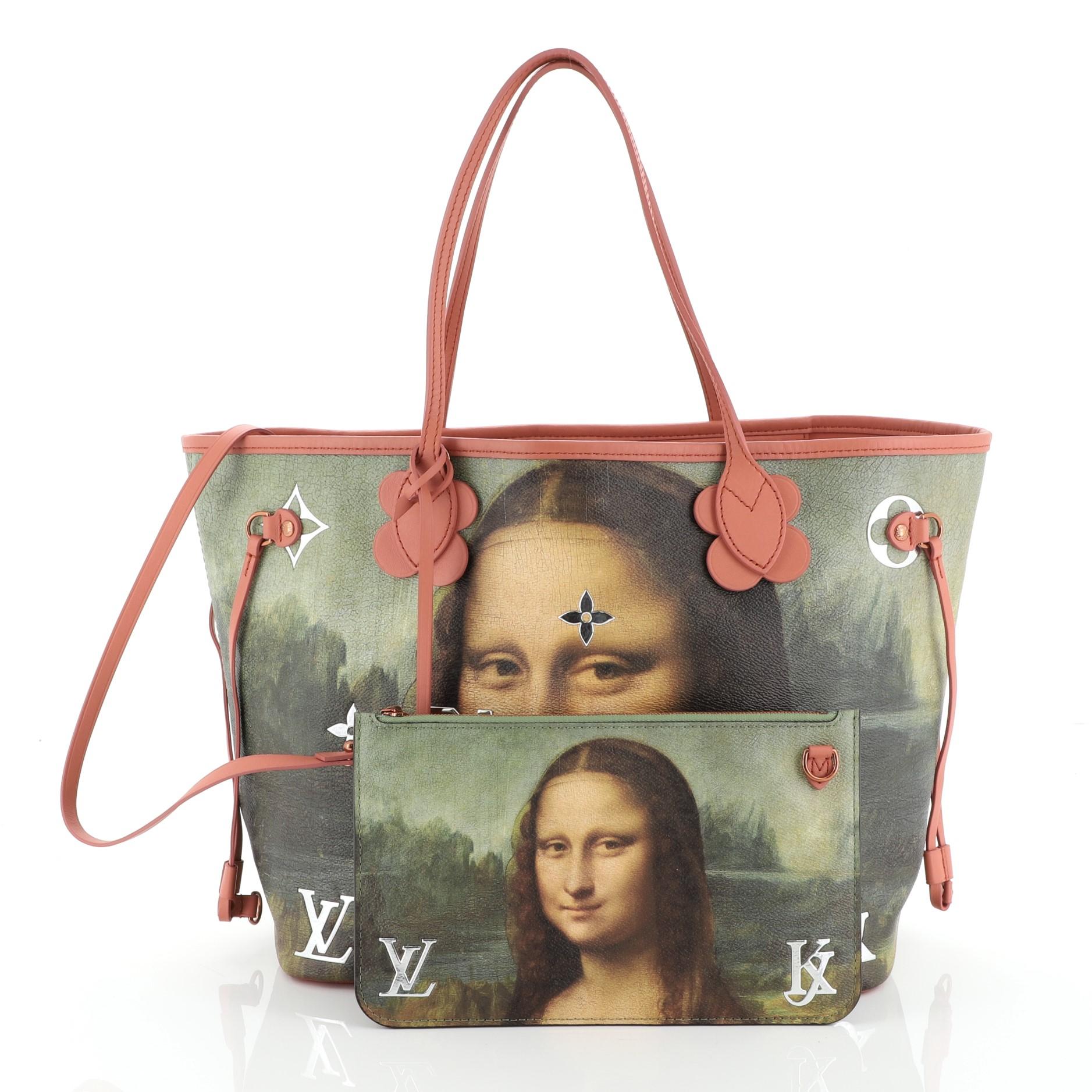 This Louis Vuitton Neverfull NM Tote Limited Edition Jeff Koons Da Vinci Print Canvas MM, crafted from pink printed coated canvas, features dual slim leather handles, monogram and flower applique, reflective metallic letters, and gold-tone hardware.