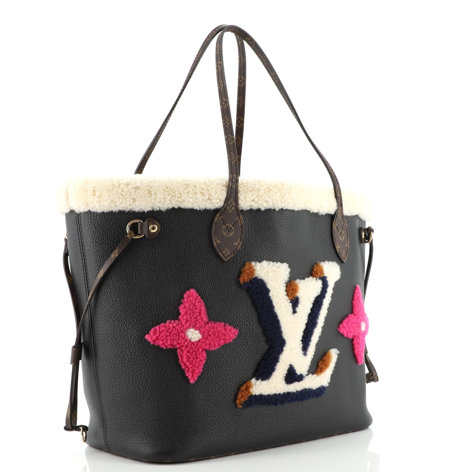 Black Louis Vuitton Neverfull NM Tote Leather and Monogram Teddy Shearling MM