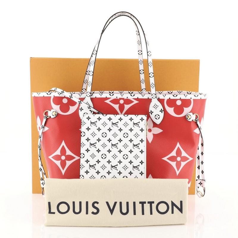 This Louis Vuitton Neverfull NM Tote Limited Edition Colored Monogram Giant MM, crafted in red and pink monogram coated canvas, features dual slim handles, miniature and oversized versions of the classic monogram print and gold-tone hardware. It