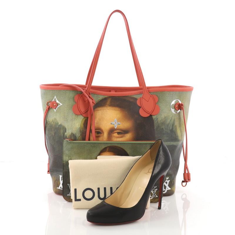 This Louis Vuitton Neverfull NM Tote Limited Edition Jeff Koons Da Vinci Print Canvas MM, crafted from pink leather and Da Vinci print coated canvas, features dual slim leather handles, monogram and flower applique, reflective metallic letters, and