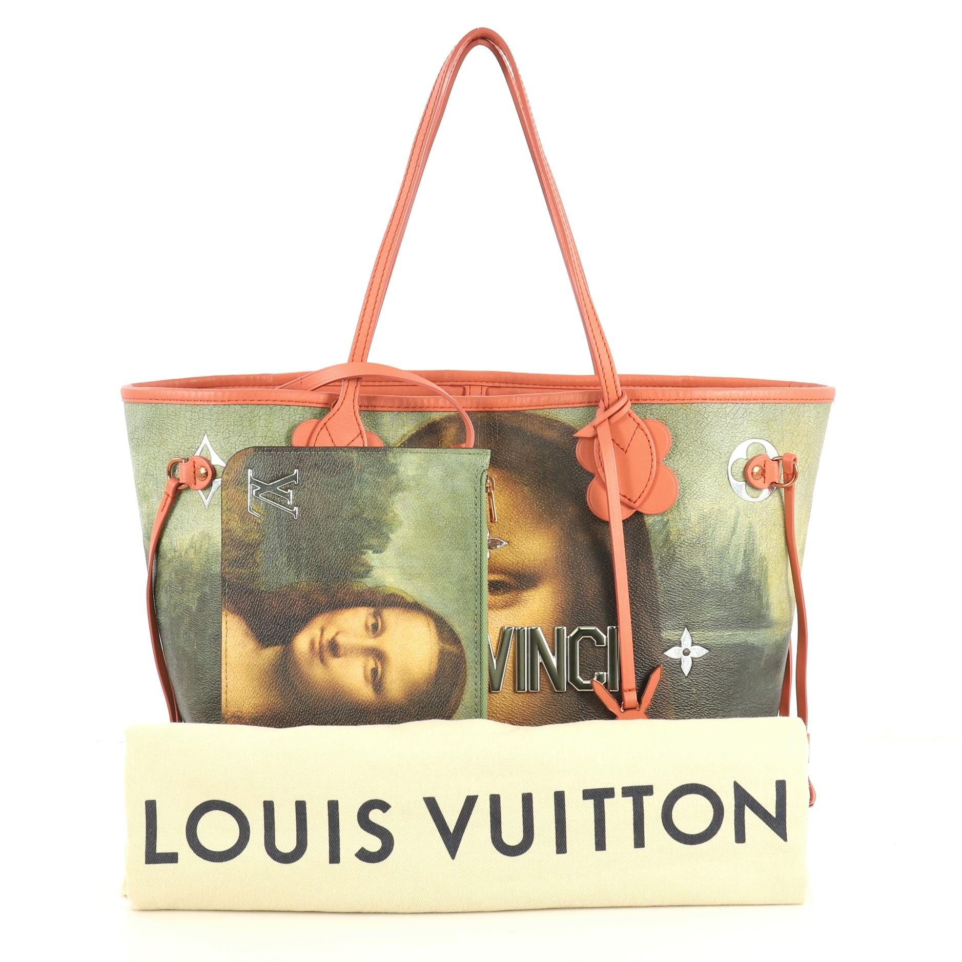 This Louis Vuitton Neverfull NM Tote Limited Edition Jeff Koons Da Vinci Print Canvas MM, crafted from multicolor printed coated canvas, features dual slim leather handles, monogram and flower applique, reflective metallic letters, and rose gold and