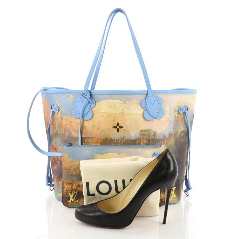 This Louis Vuitton Neverfull NM Tote Limited Edition Jeff Koons Turner Print Canvas MM, crafted from Turner printed coated canvas, features dual slim leather handles, gold monogram and flower applique, and gold and blue-tone hardware. Its wide open
