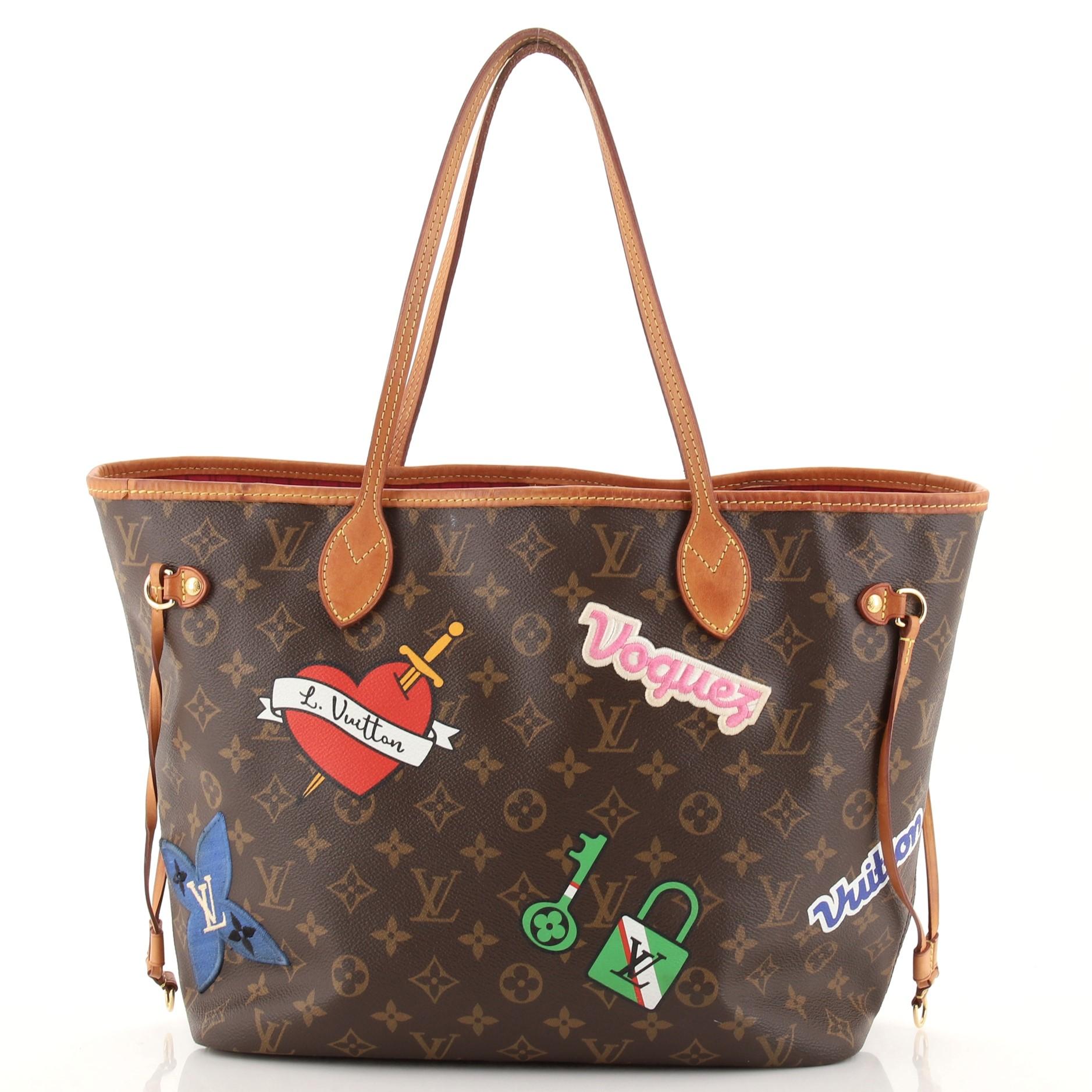 Louis Vuitton Neverfull NM Tragetasche Limited Edition Patches Monogramm Segeltuch MM (Schwarz)