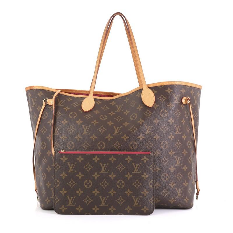 This Louis Vuitton Neverfull NM Tote Monogram Canvas GM, crafted in brown monogram coated canvas, features dual slim handles, side drawstrings and gold-tone hardware. Its hook closure opens to a purple fabric interior with side zip pocket.