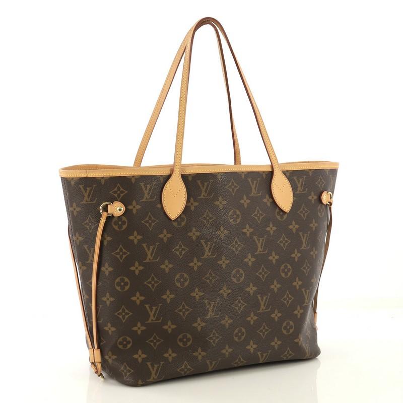 This Louis Vuitton Neverfull NM Tote Monogram Canvas MM, crafted in brown monogram coated canvas, features dual slim handles, side drawstrings, and gold-tone hardware. Its hook closure opens to a yellow fabric interior with side zip pocket.