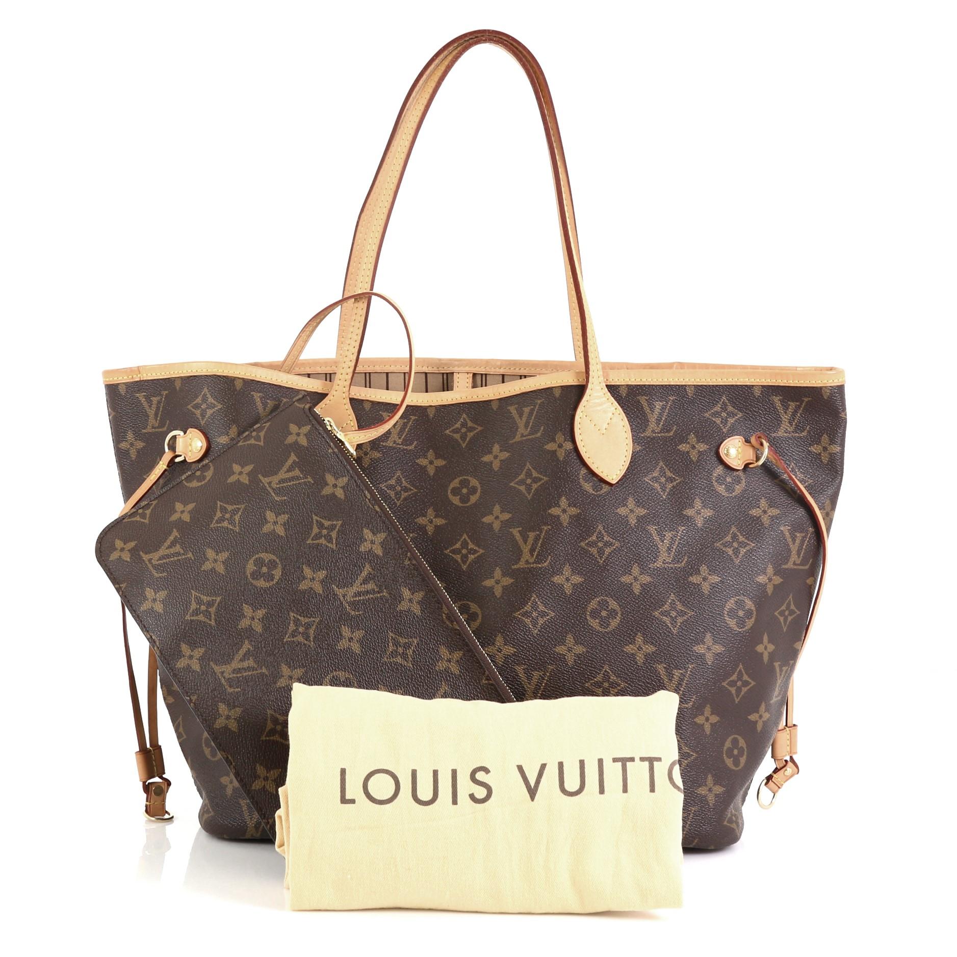 This Louis Vuitton Neverfull NM Tote Monogram Canvas MM, crafted in brown monogram coated canvas, features dual slim handles, side drawstrings and gold-tone hardware. Its hook closure opens to a neutral fabric interior with side zip pocket.