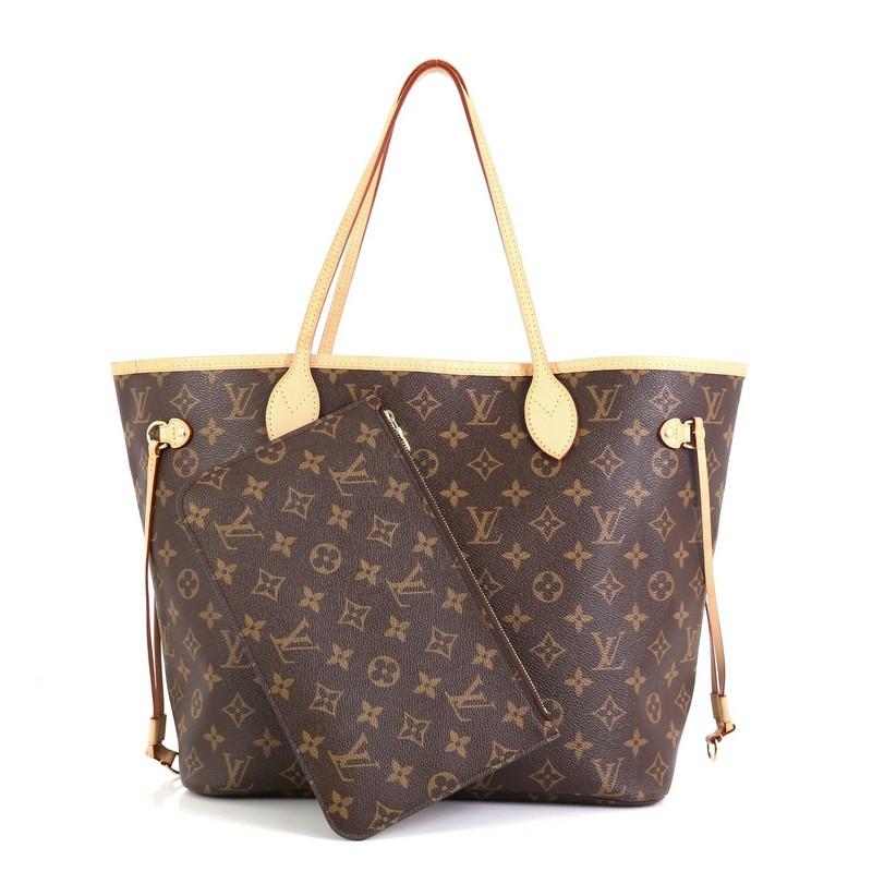 This Louis Vuitton Neverfull NM Tote Monogram Canvas MM, crafted in brown monogram coated canvas, features dual slim handles, side drawstrings, and gold-tone hardware. Its hook closure opens to a brown fabric interior with side zip pocket.