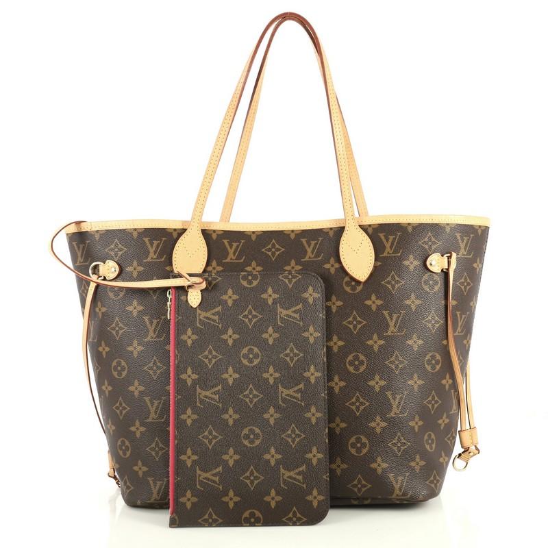 This Louis Vuitton Neverfull NM Tote Monogram Canvas MM, crafted in brown monogram coated canvas, features dual slim handles, side drawstrings, and gold-tone hardware. Its hook closure opens to a pink fabric interior with side zip pocket.
