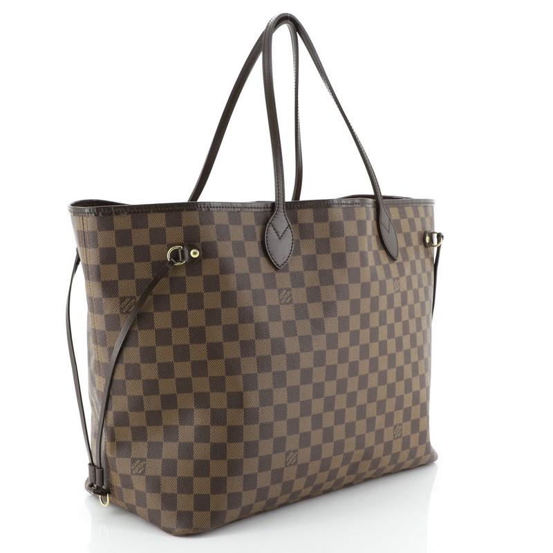 This Louis Vuitton Neverfull Tote Damier GM, crafted in damier ebene coated canvas, features dual slim handles, side laces, and gold-tone hardware. Its wide open top showcases a red fabric interior with side zip pocket. Authenticity code reads: