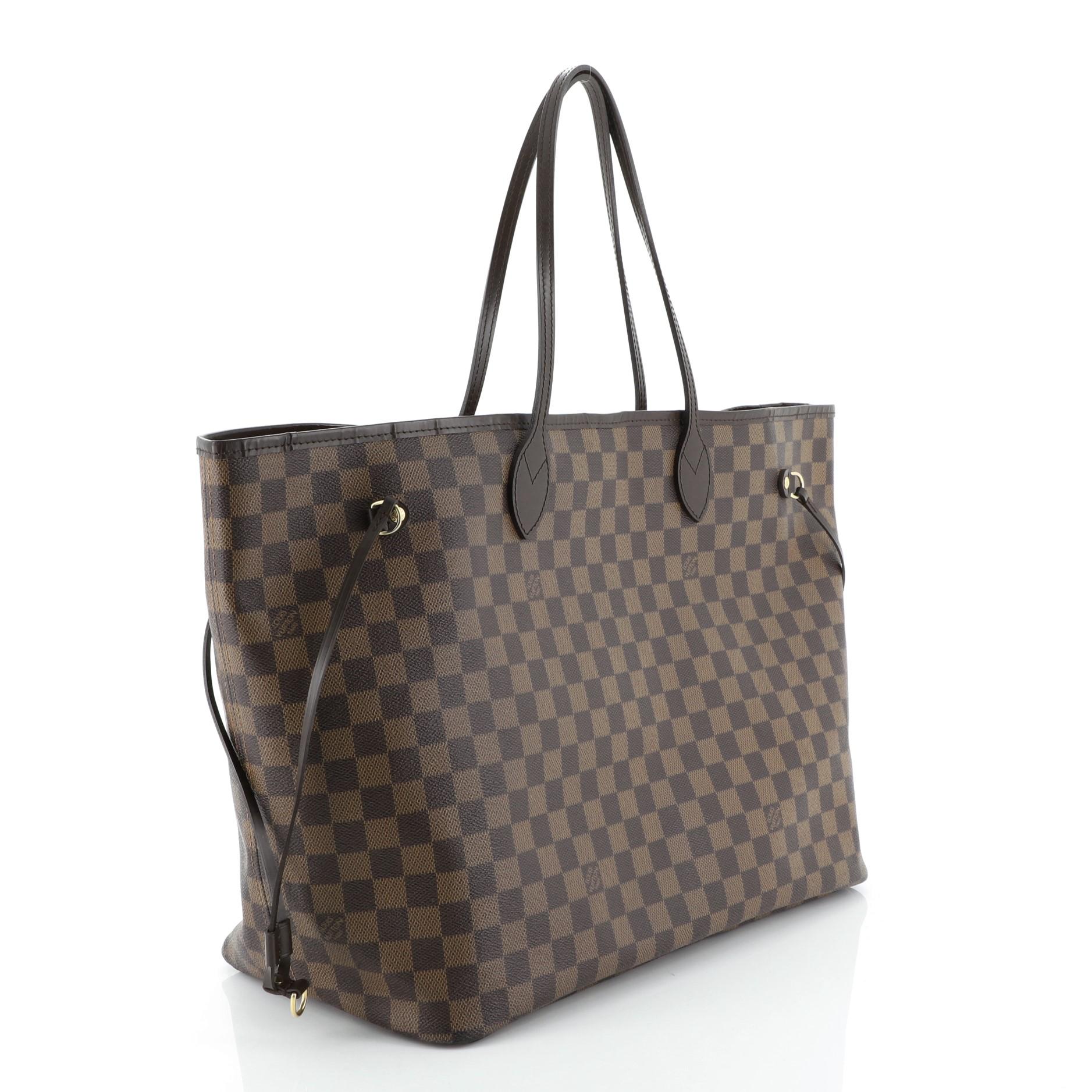 This Louis Vuitton Neverfull Tote Damier GM, crafted in damier ebene coated canvas, features dual slim handles, side laces, and gold-tone hardware. Its wide open top showcases a red fabric interior with side zip pocket. Authenticity code reads: