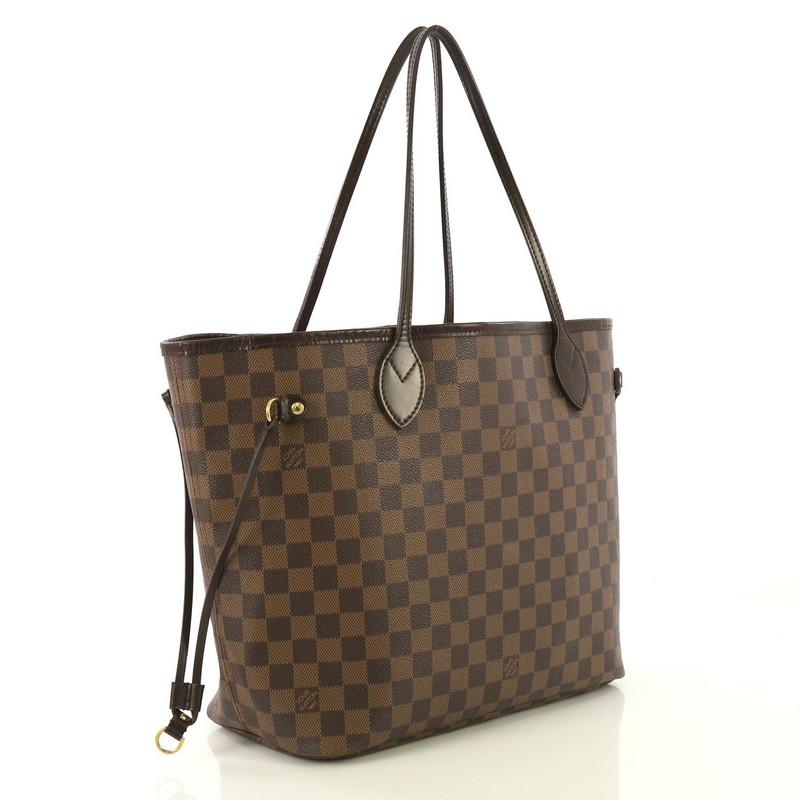 This Louis Vuitton Neverfull Tote Damier MM, crafted in damier ebene coated canvas, features dual slim handles, side laces, and gold-tone hardware. Its wide open top showcases a red fabric interior with a side zip pocket. Authenticity code reads:
