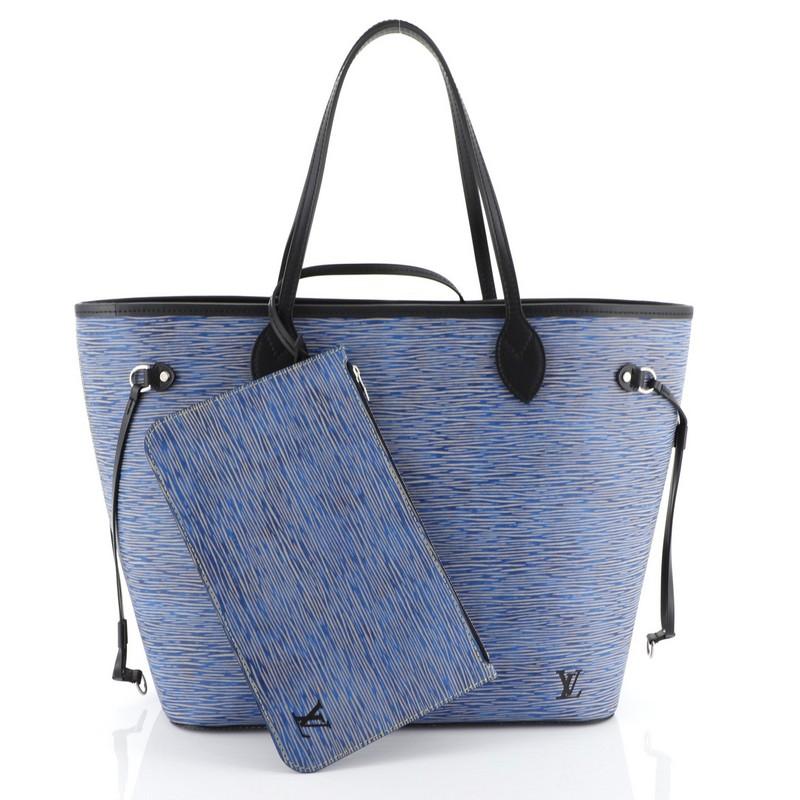 This Louis Vuitton Neverfull Tote Epi Leather MM, crafted in blue epi leather, features dual flat leather handles, side laces, and silver-tone hardware. Its hook closure opens to a black microfiber interior. Authenticity code reads: UB3168.