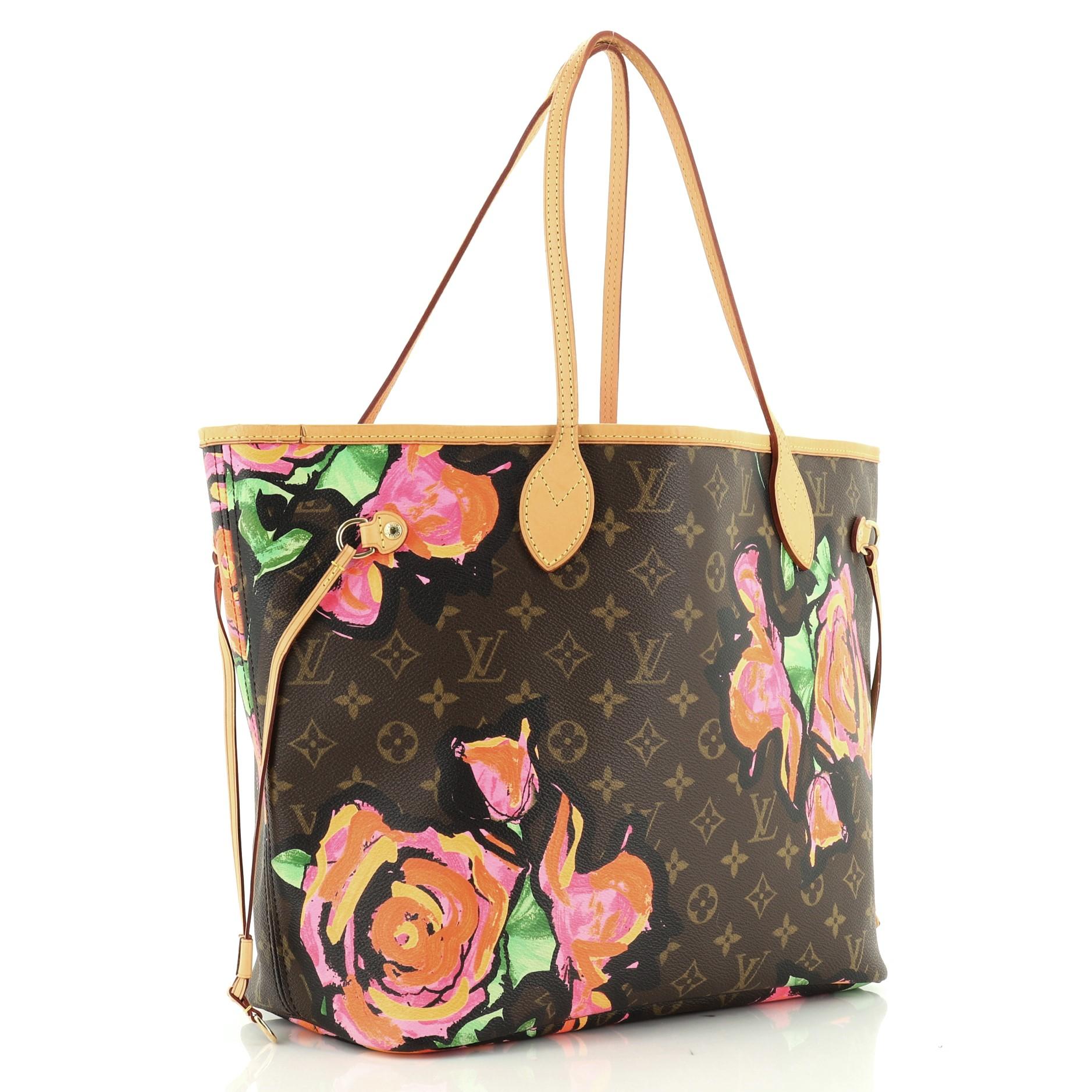 This Louis Vuitton Neverfull Tote Limited Edition Monogram Roses MM, crafted from brown monogram coated canvas, features neon rose prints, natural cowhide leather trim, dual slim tall handles, side laces, and gold-tone hardware. Its hook closure