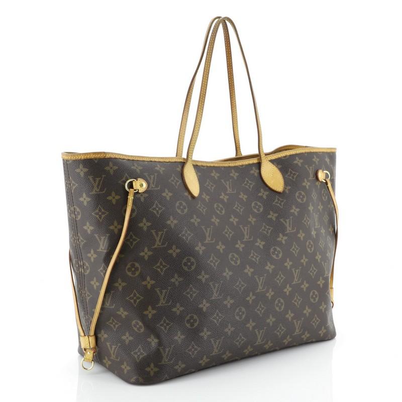 This Louis Vuitton Neverfull Tote Monogram Canvas GM, crafted in brown monogram coated canvas, features dual slim handles, side drawstrings and gold-tone hardware. Its hook closure opens to a brown fabric interior with side zip pocket. Authenticity