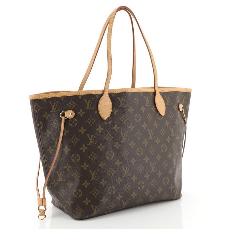 This Louis Vuitton Neverfull Tote Monogram Canvas MM, crafted in brown monogram coated canvas, features dual slim handles, side drawstrings, and gold-tone hardware. Its hook closure opens to a brown fabric interior with side zip pocket. Authenticity