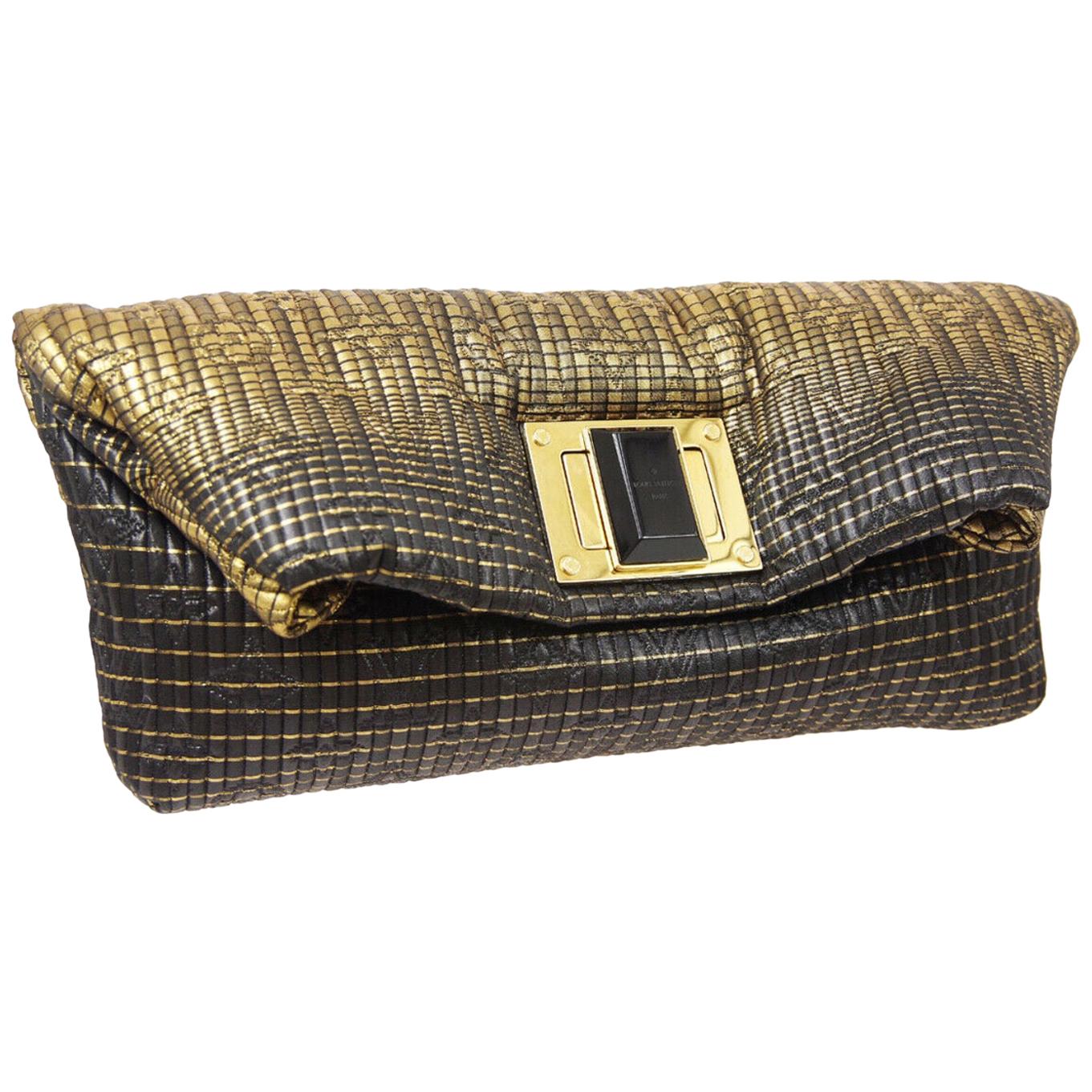Louis Vuitton NEW Black Monogram Leather Gold Fold Envelope Evening Clutch Bag