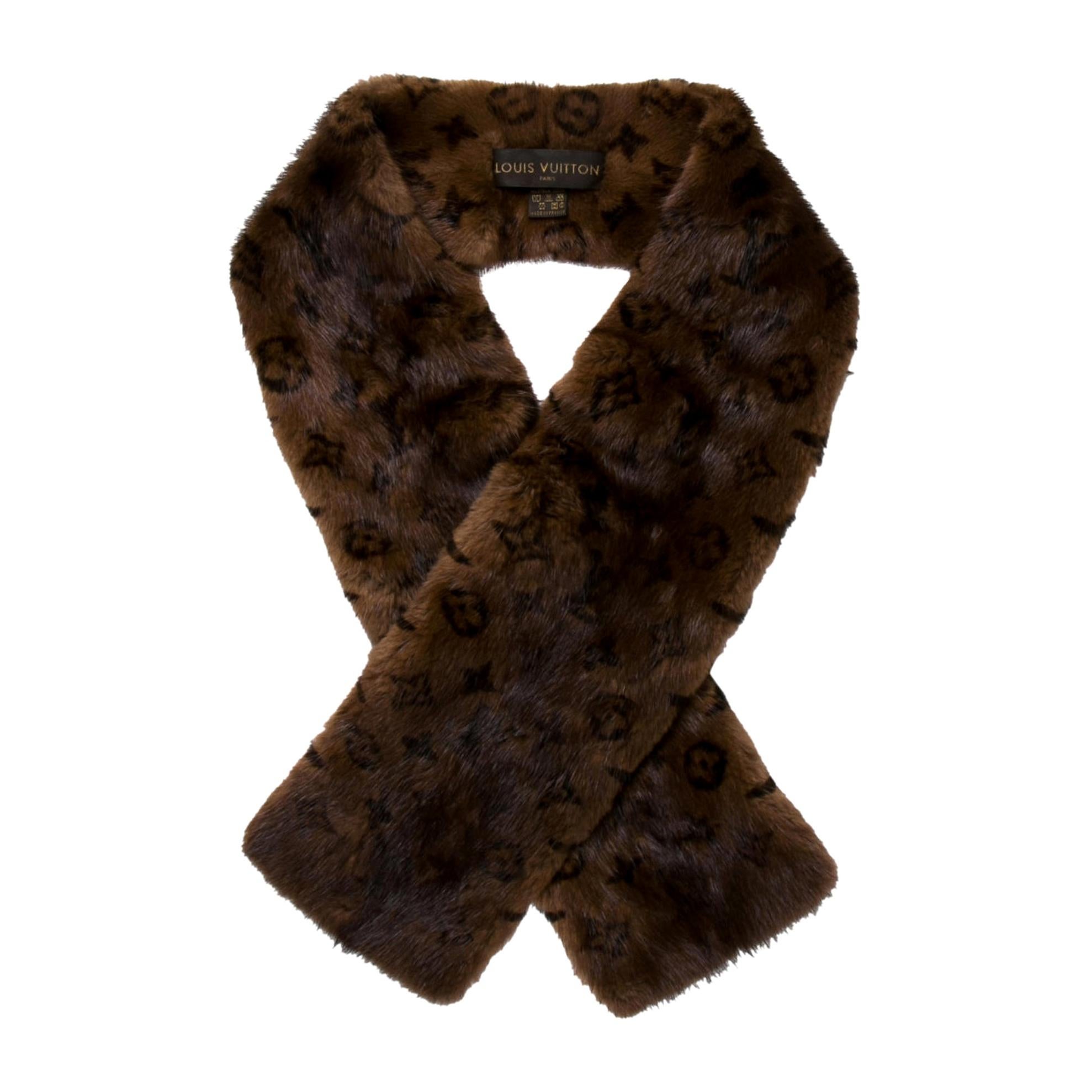Louis Vuitton NEW Dark Brown Black Mink Fur Silk Men's Women's Logo Neck Scarf