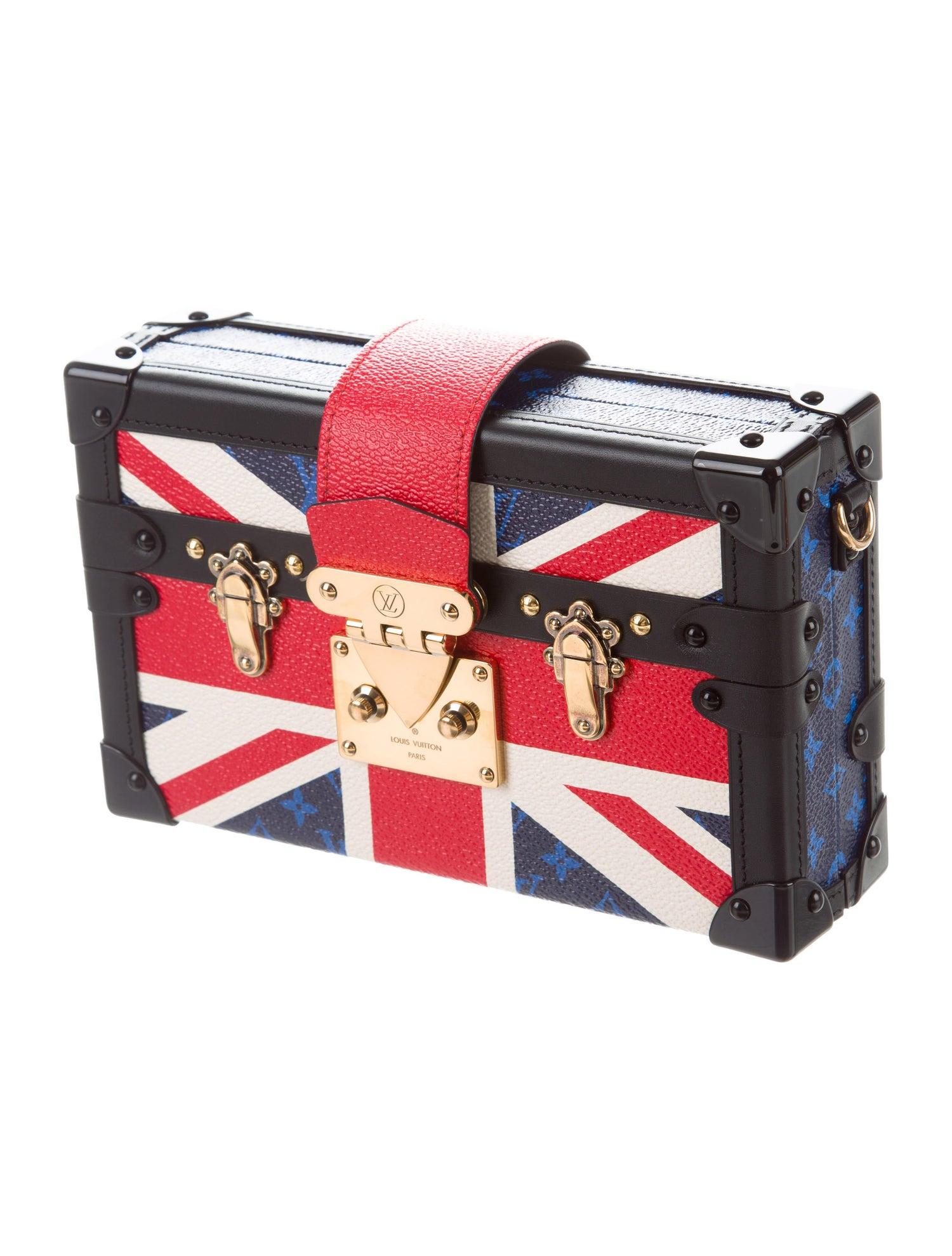 Extremely rare and limited edition, this Louis Vuitton clutch was created to commemorate the wedding of Prince Harry and Meghan Markle. Featuring the signature British Union Jack and brass-tone hardware, it is a one-of-a-kind historical piece that