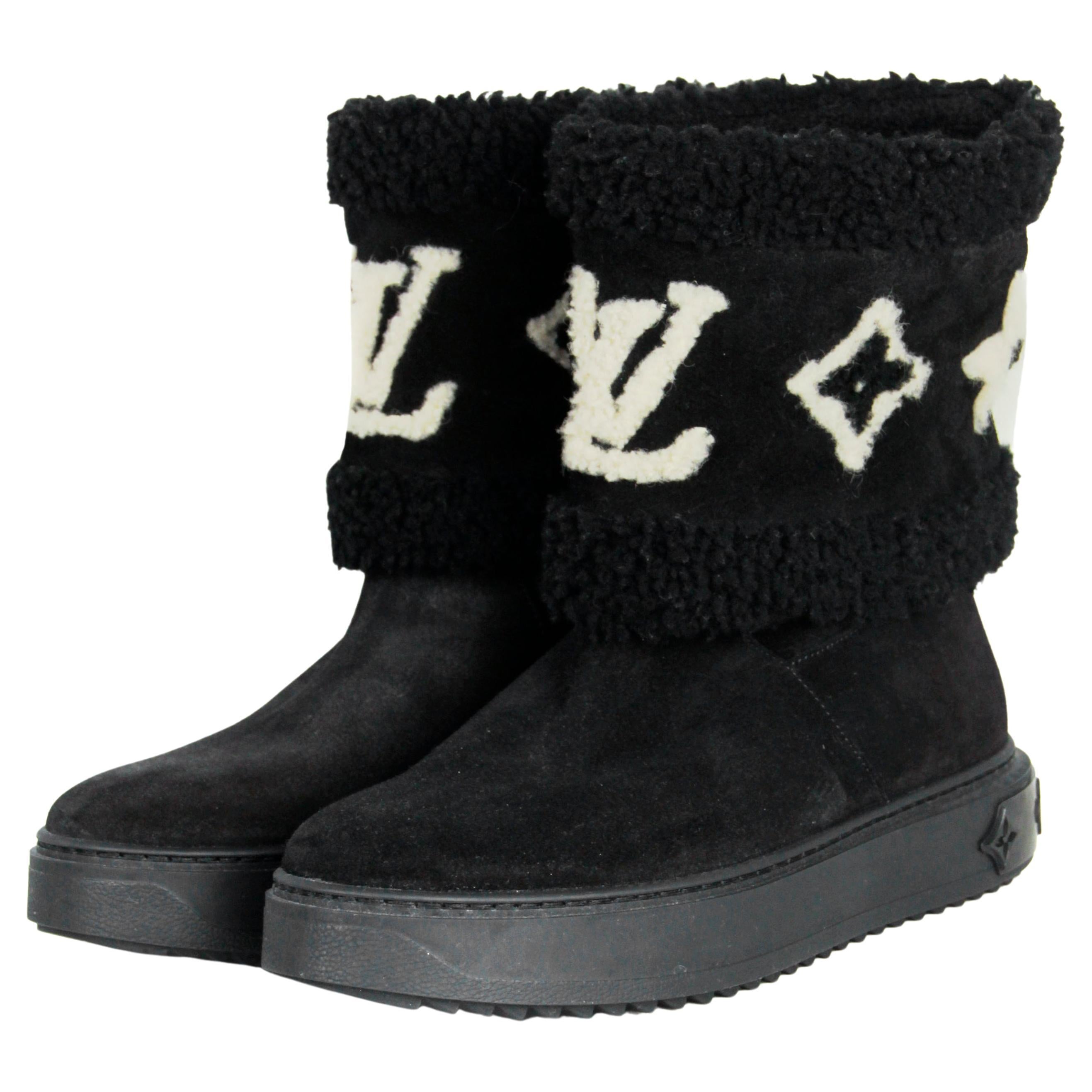 LOUIS VUITTON Suede Calfskin Shearling Snowdrop Flat Ankle Boot 40 Black  1044013
