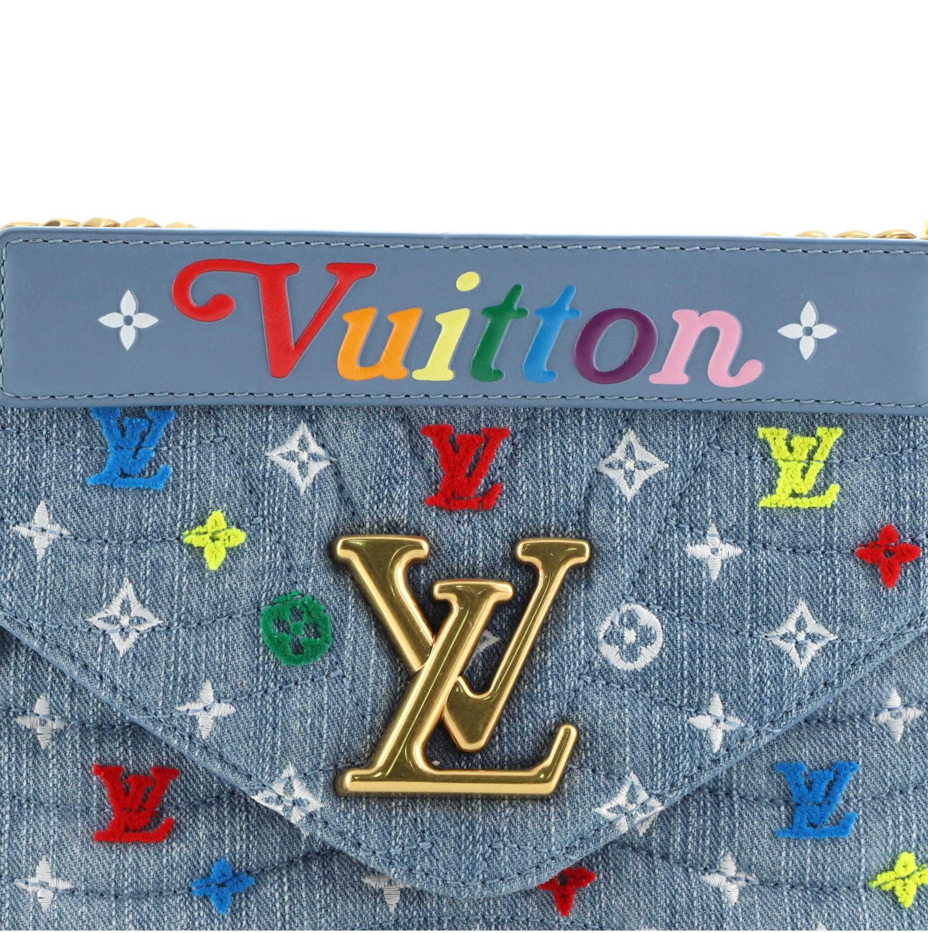 Louis Vuitton New Wave Chain Bag Monogram Embroidered Quilted Denim MM In Good Condition In NY, NY