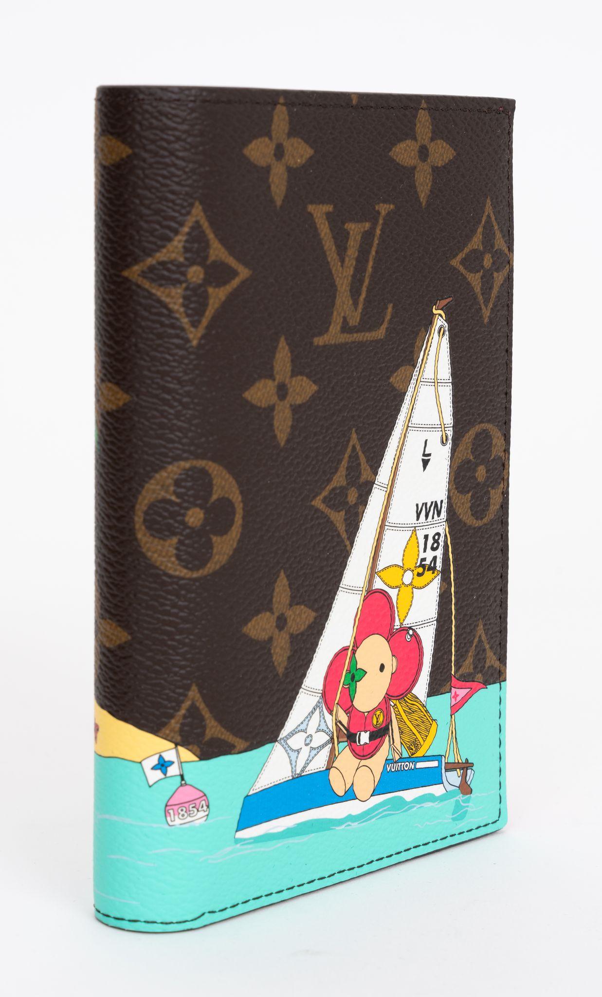 Louis Vuitton New Passport Cover Sailing in Monogram Canvas with cowhide leather lining. Features print of House mascot Vivienne sailing on the tropical seas. Contains four card slots, one flat pocket, and two open pockets. Part of the limited