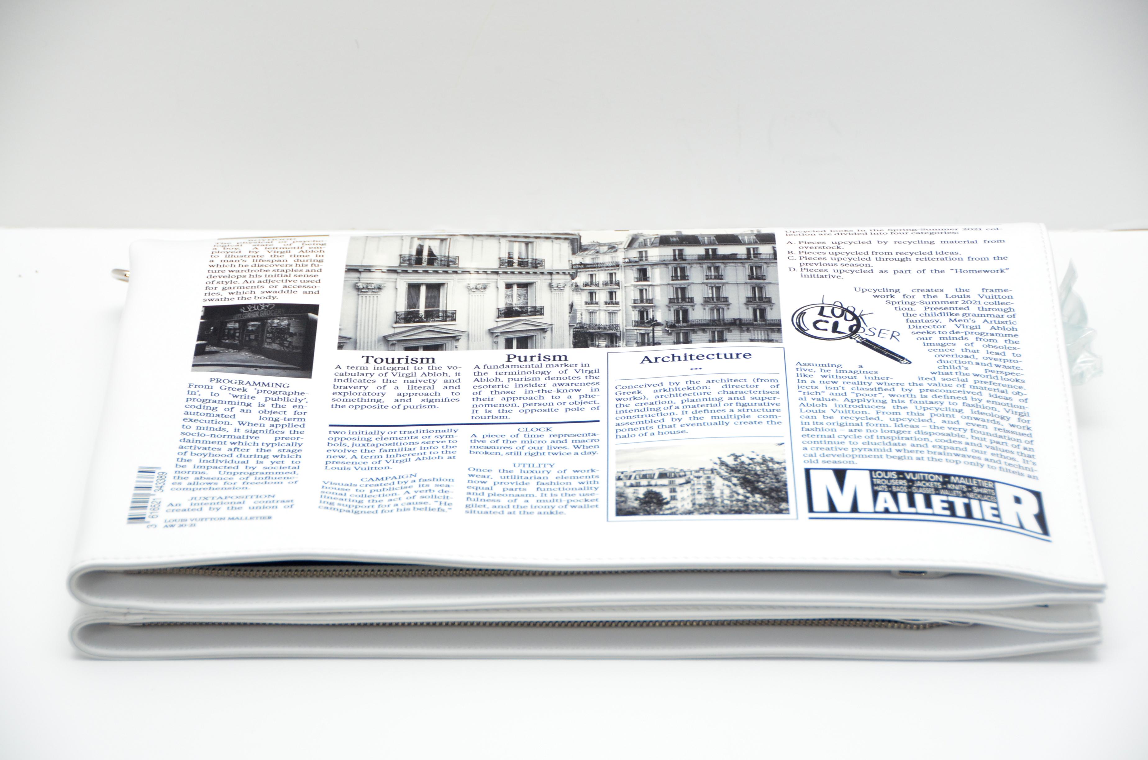 Virgil Abloh pays homage to everyday rituals in the Everyday LV capsule for the Fall-Winter 2021-22 show and designs a pouch that looks like a folded newspaper. 
Made from cowhide leather with a trompe l’oeil print of a “Louis Vuitton” newspaper.