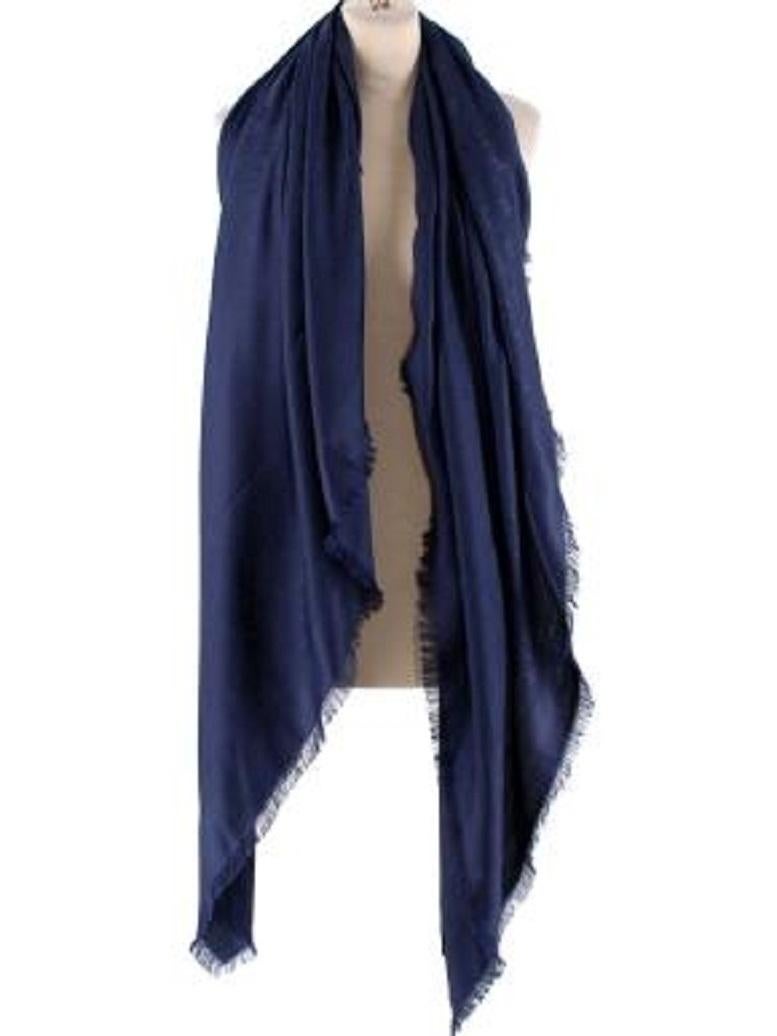 Louis Vuitton Night Blue Silk & Wool Monogram Stole 

- Dark navy blue woven jacquard monogram large scarf/shawl
- Wool and silk blend giving a slight sheen
- Hand frayed edges 

Made in Italy
60% silk, 40% wool
Dry clean only 

PLEASE NOTE, THESE