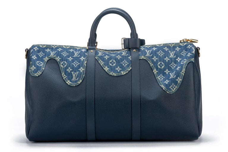 Louis Vuitton Virgil Abloh Nigo Blue Monogram Denim & Leather Flat Double Phone Pouch Gold Hardware, 2021 (Like New), Handbag