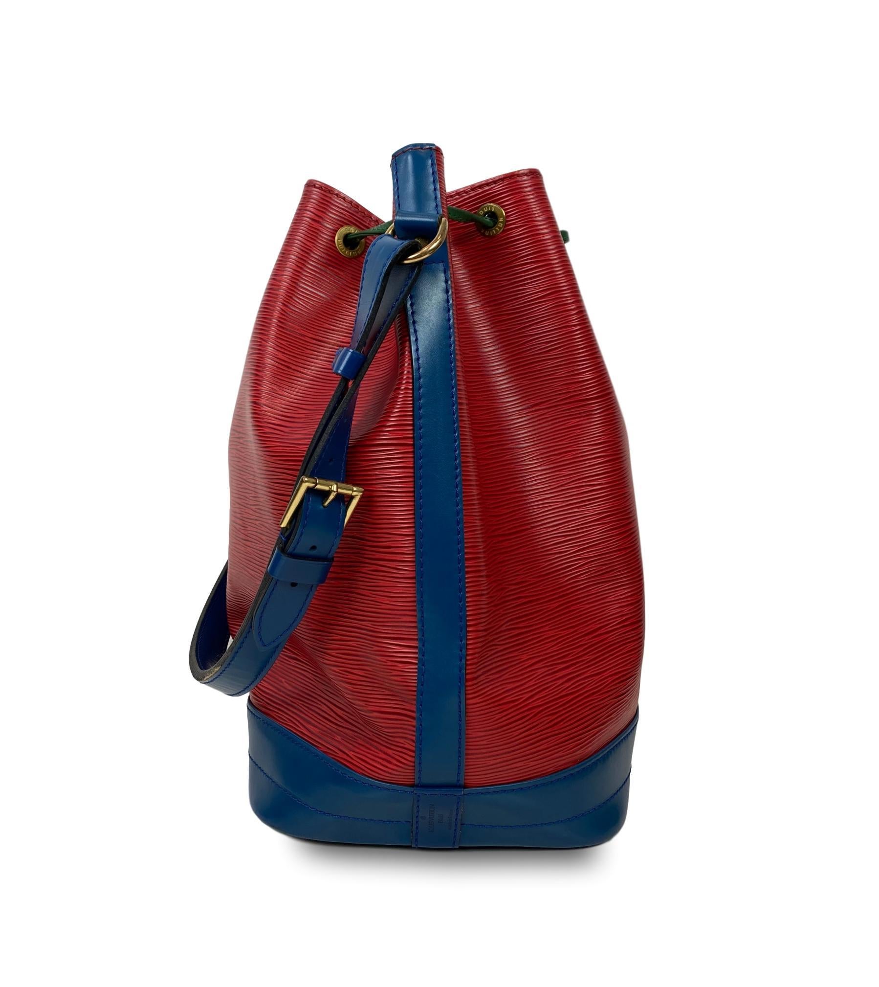 Vintage Louis Vuitton Noe GM Bucket Bag in Tri-Color EPI Leather, circa November 1992. Made in France, the Noe was originally designed by Louis Vuitton’s grandson in 1932 as a bag to carry champagne, specifically four bottles upright and one