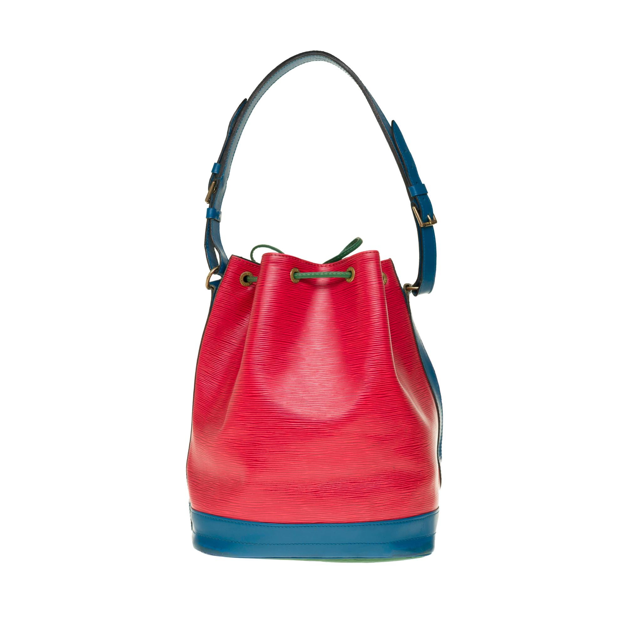 L'Incontournable Louis Vuitton Grand Noé in pelle epi rossa, blu e verde, finiture in metallo dorato, un semplice manico regolabile in pelle blu che permette di appoggiarlo alla mano o alla spalla.

Chiusura con cravatta in pelle.
Fodera in suedine