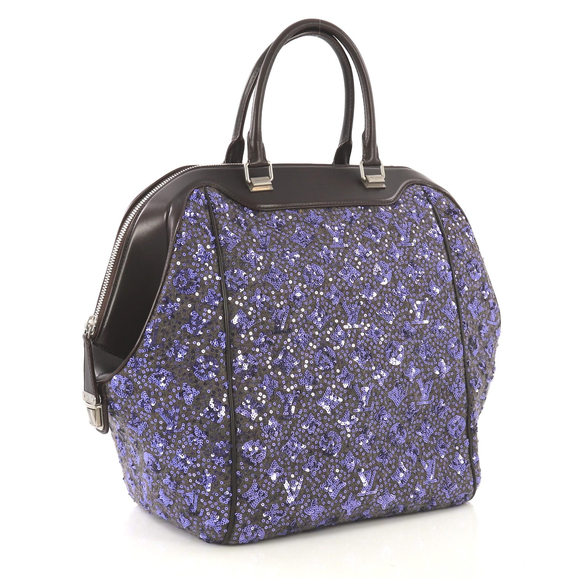 This Louis Vuitton North South Bag Limited Edition Sunshine Express, crafted from purple sequin-embroidered wool with monogram pattern, features dual rolled leather handles, leather trim, and matte silver-tone hardware. Its zip closure with