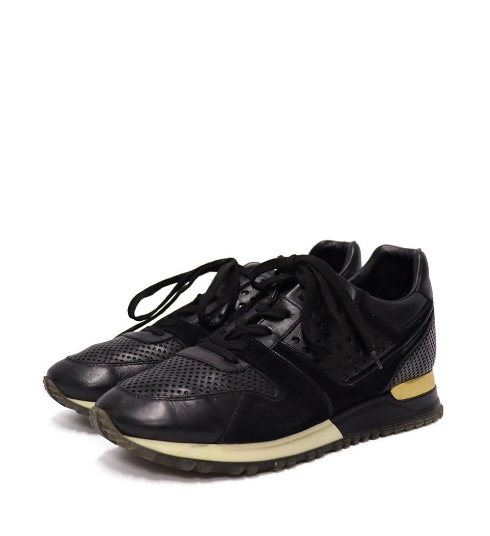 Louis Vuitton Nubuck Calfskin Perforated Run Away Sneakers, Features lace-up vamps, and perforated details.

Material: Leather and suede
Size: EU 38
Overall Condition: Fair
Interior Condition: Signs of wear
Exterior Condition: scuffs and creases