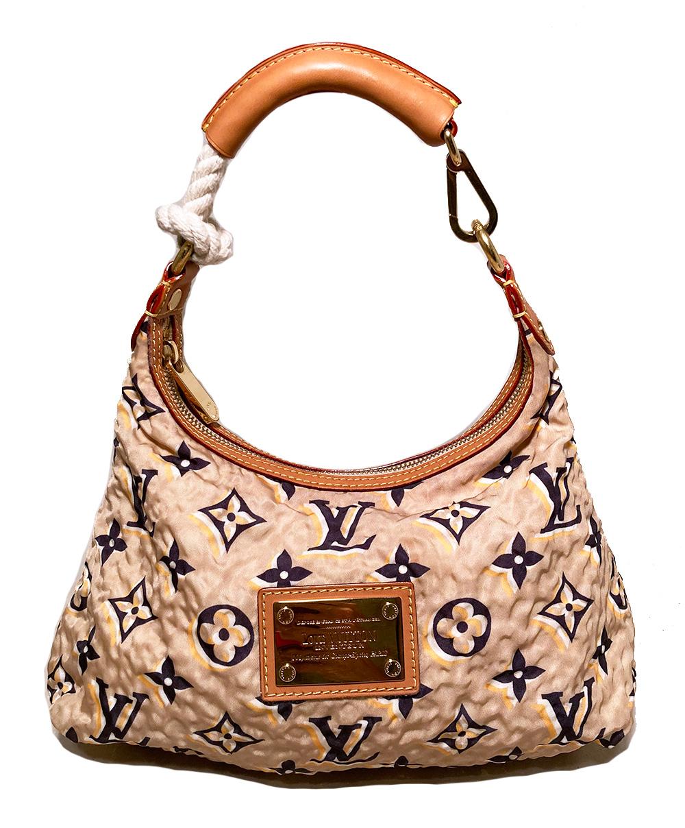 Louis Vuitton Nylon Monogram Bulles PM Bag in excellent condition. Tan textured nylon exterior with dark brown, white and golden yellow shadow monogram print throughout. Engraved gold placard along front. Gold hardware, tan leather trim and unique