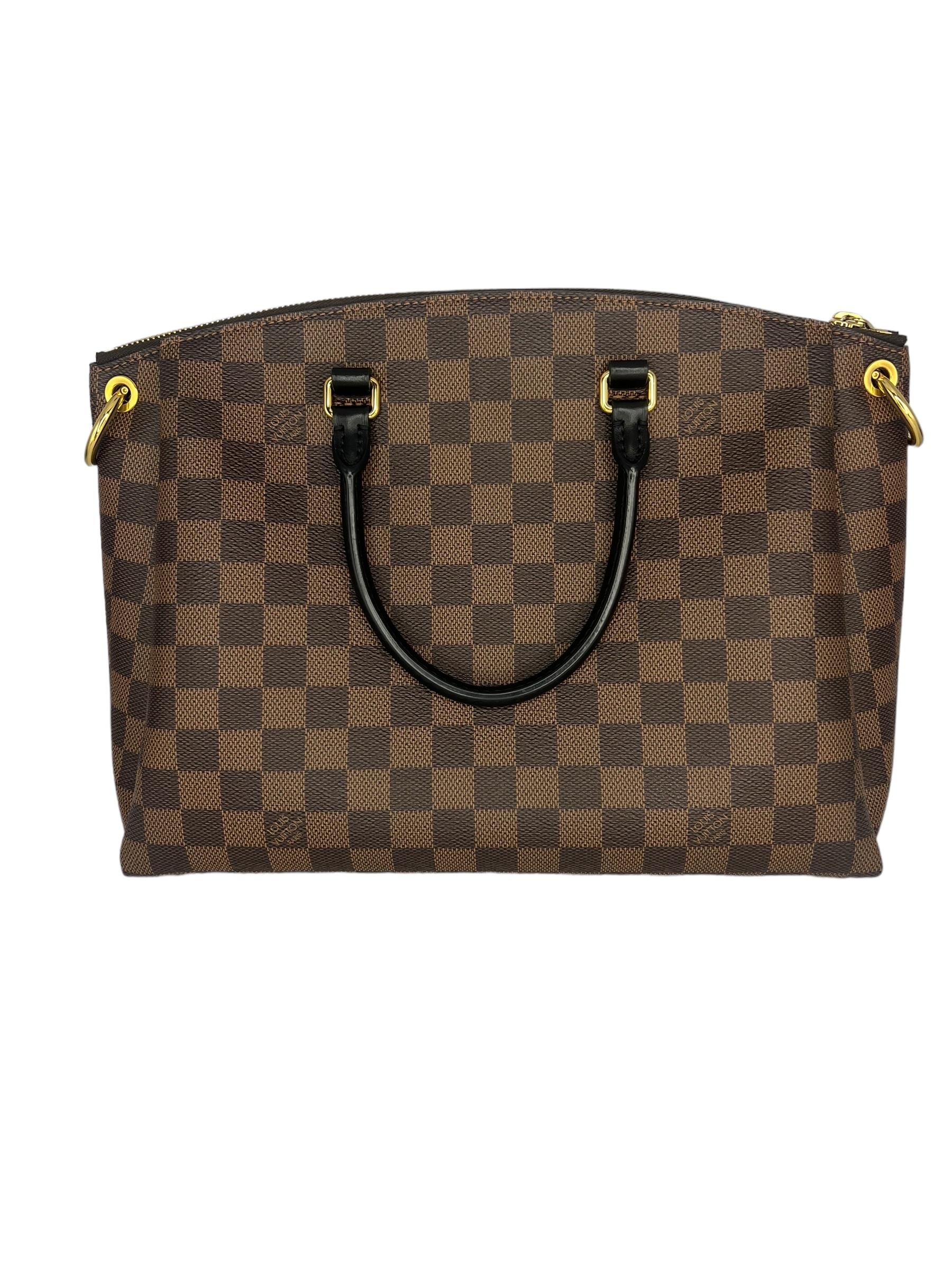 This is an authentic Louis Vuitton Damier Ebene Odeon Tote MM in Black. This bag features black leather handles. Optional adjustable strap in black leather. Zipper opens to fabric interior with patch pockets.

Designer: Louis Vuitton
Material: