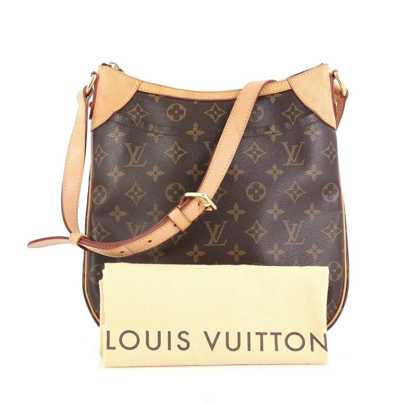 This Louis Vuitton Odeon Handbag Monogram Canvas PM, crafted from brown monogram coated canvas, features an exterior flat pocket, adjustable flat vachetta leather strap, and gold-tone hardware. Its zip closure opens to a brown fabric interior with