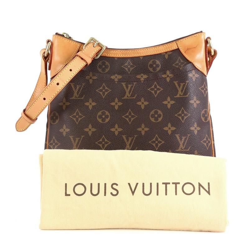 This Louis Vuitton Odeon Handbag Monogram Canvas PM, crafted from brown monogram coated canvas, features an exterior flat pocket, adjustable flat vachetta leather strap, and gold-tone hardware. Its zip closure opens to a brown fabric interior with