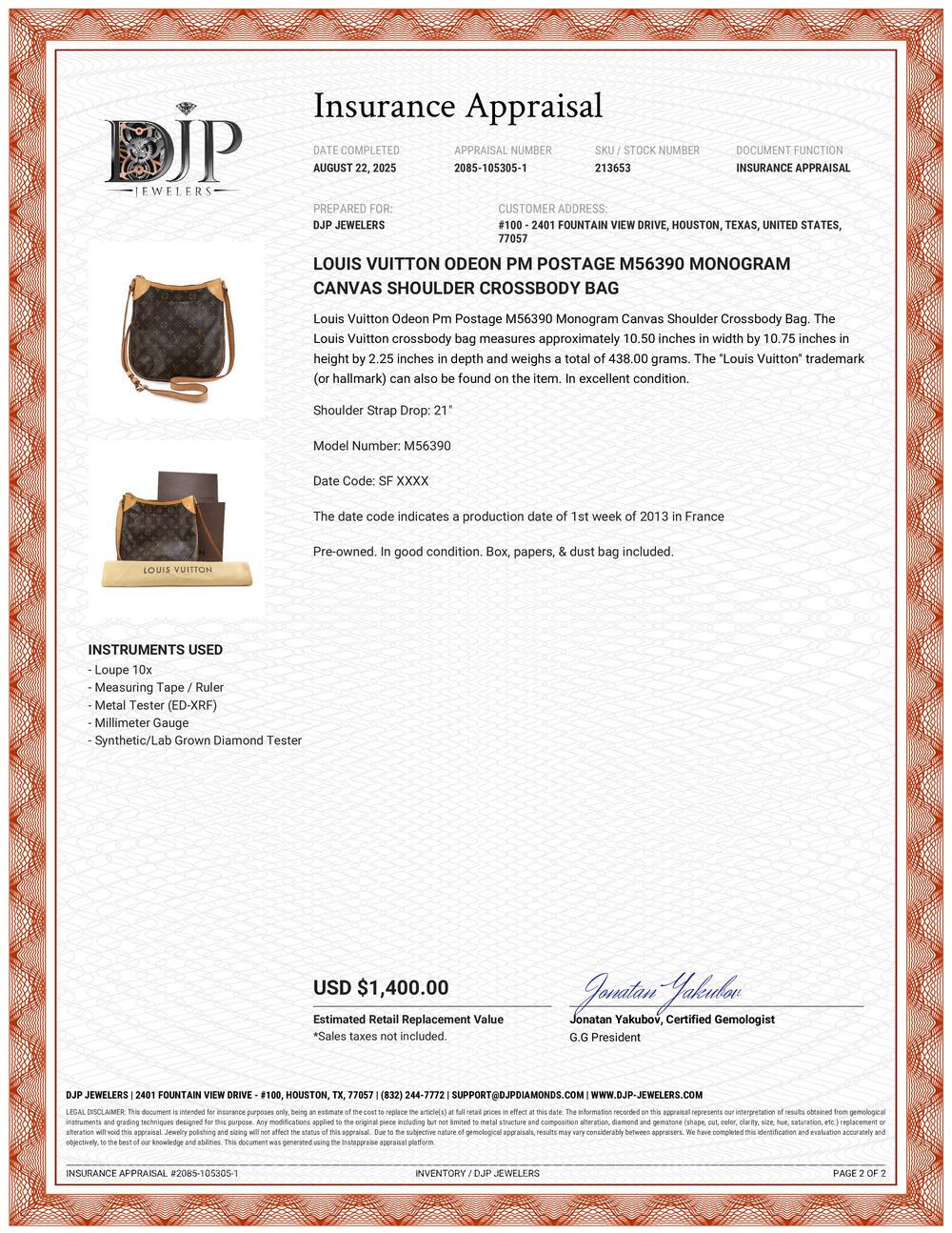 Louis Vuitton Odeon PM Postage M56390 Monogram Canvas Shoulder Crossbody Bag en vente 6