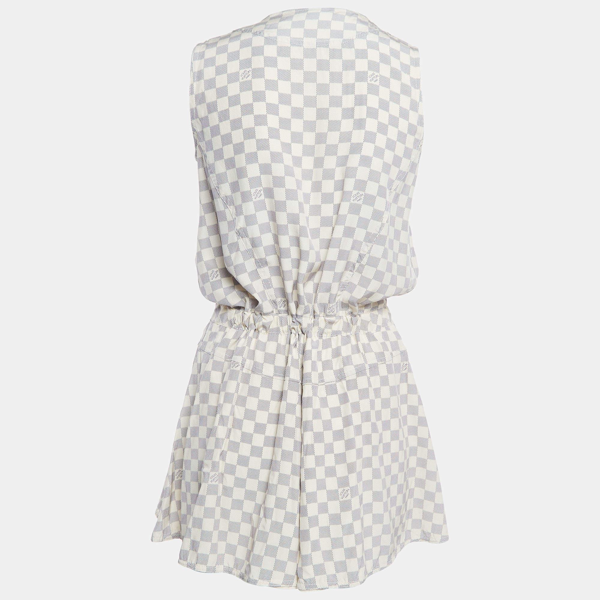 Louis Vuitton Off-White Damier Azur Print Silk Sleeveless Mini Dresses S In Excellent Condition For Sale In Dubai, Al Qouz 2