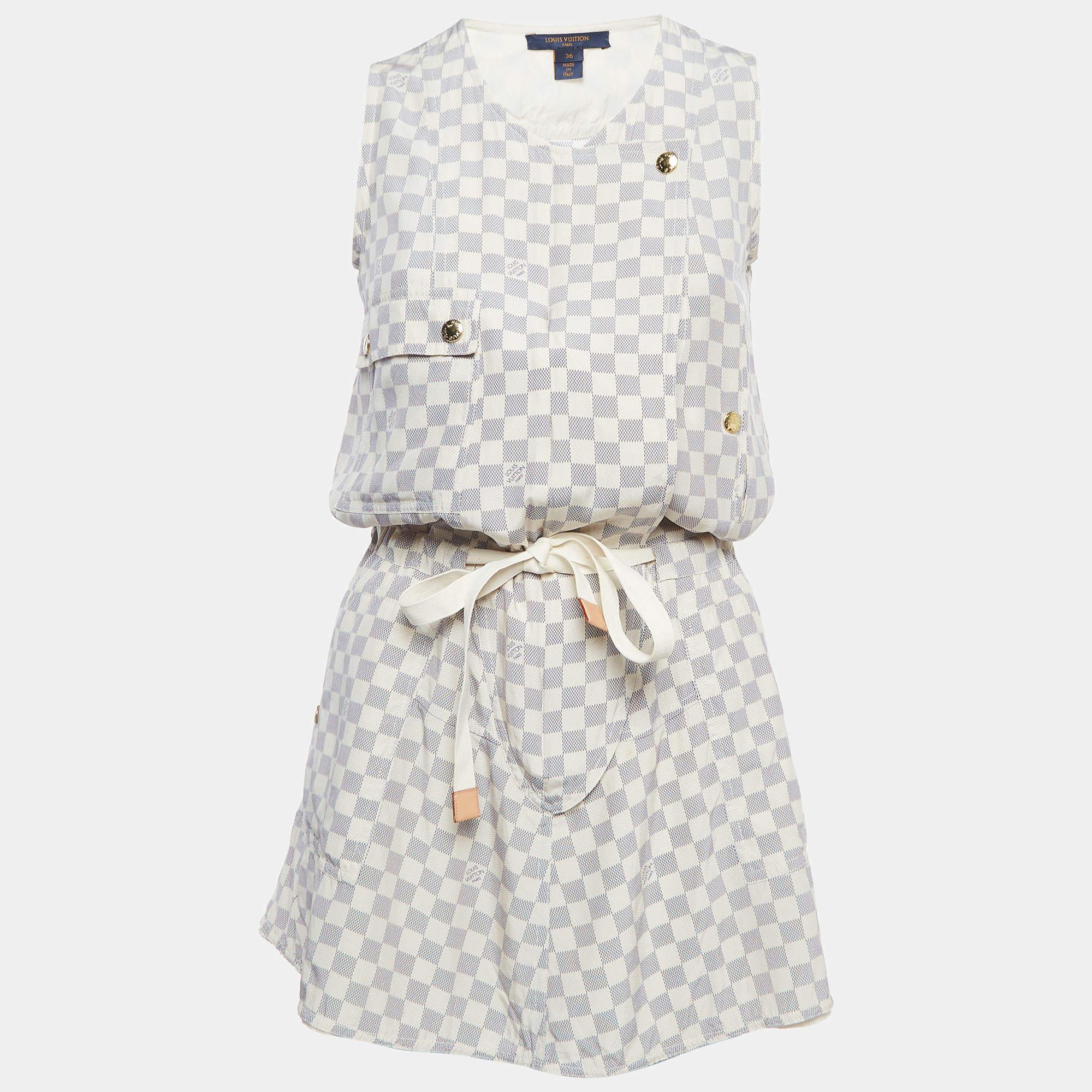 Women's Louis Vuitton Off-White Damier Azur Print Silk Sleeveless Mini Dresses S For Sale