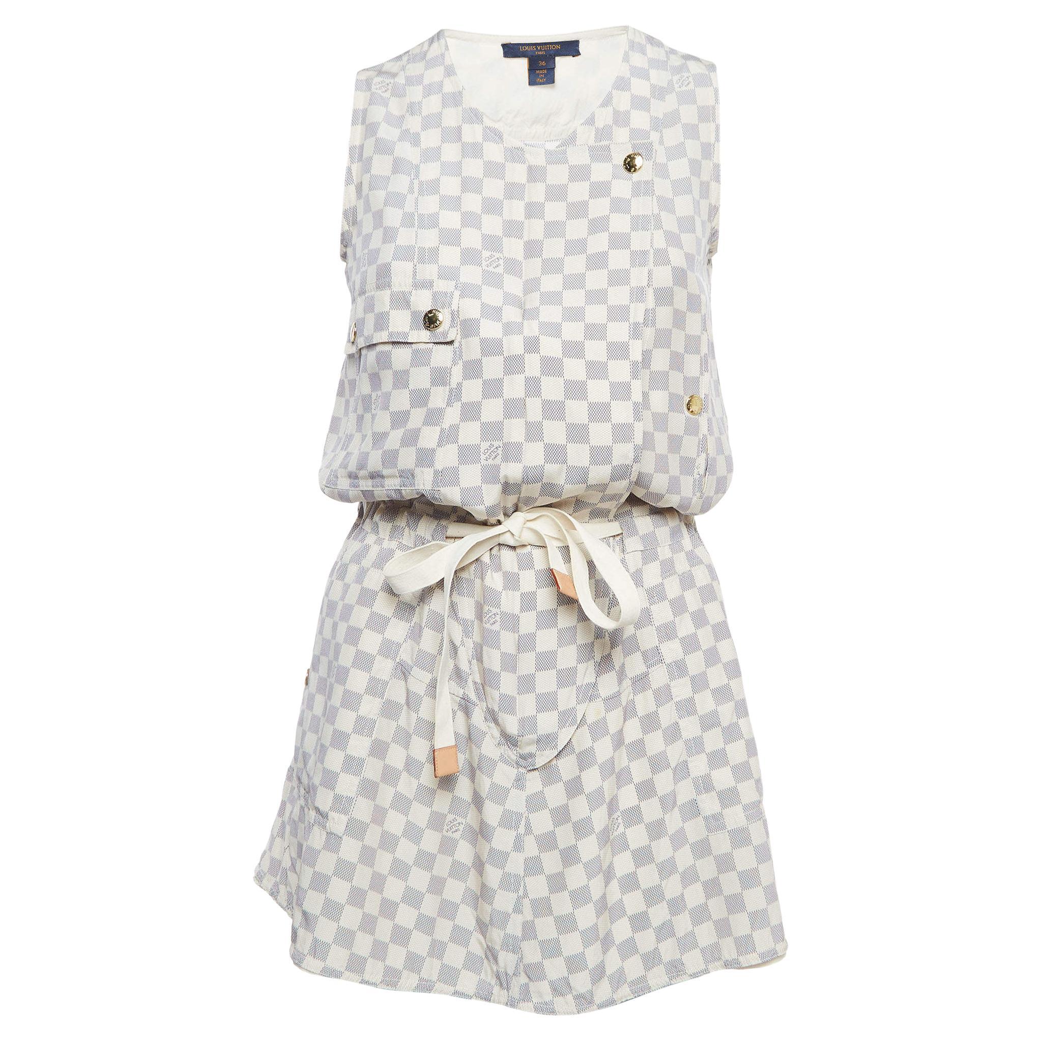 Louis Vuitton Off-White Damier Azur Print Silk Sleeveless Mini Dresses S For Sale