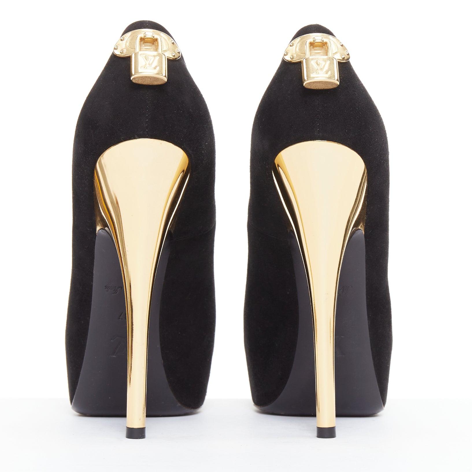 LOUIS VUITTON Oh Really black suede gold LV lock sky high pumps EU37 in vendita 6