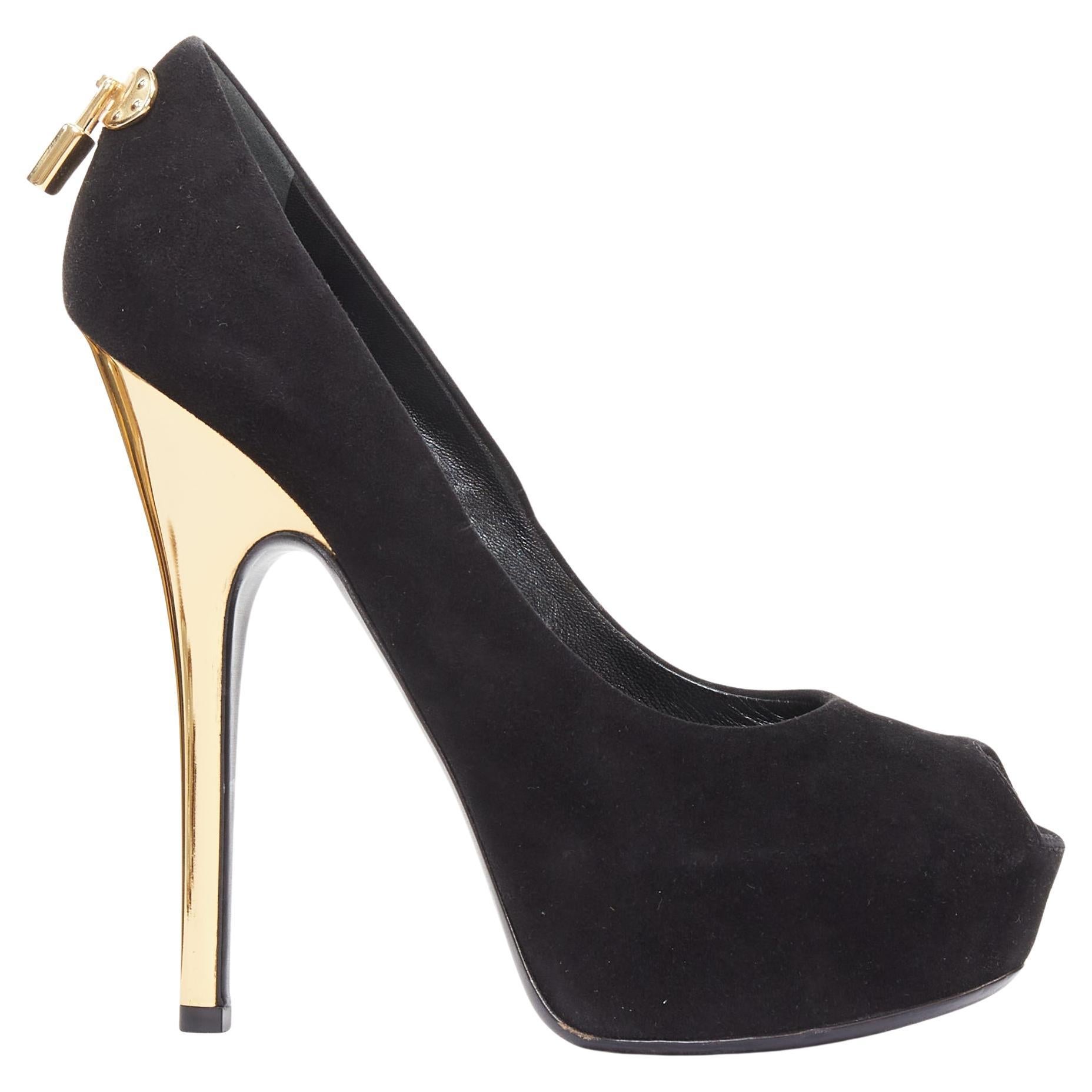 LOUIS VUITTON Oh Really black suede gold LV lock sky high pumps EU37 in vendita