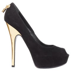 LOUIS VUITTON Oh Really black suede gold LV lock sky high pumps EU37