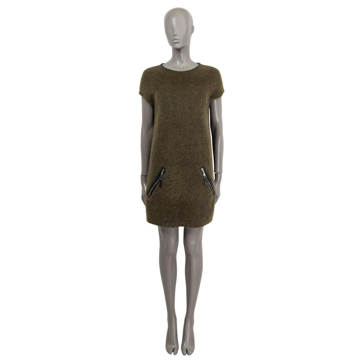 100% authentic Louis Vuitton short sleeve dress in olive green wool (40%), mohair (25%), viscose (20%) and polyamide (15%) with two front zip pockets with black lambskin trimming. Has been worn and is in excellent condition. 

Measurements
Tag
