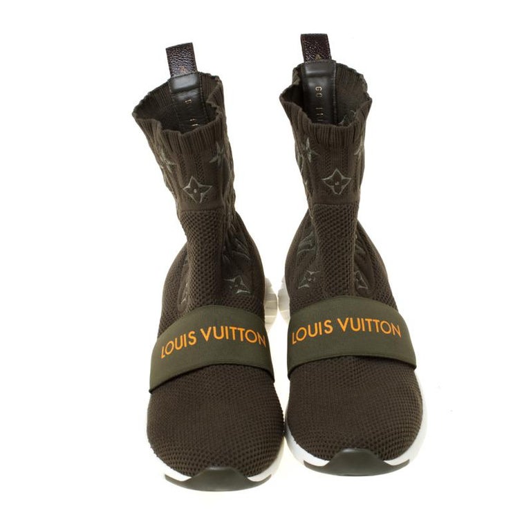 Louis Vuitton Olive Green Monogram Embroidered Knit After Game Sock Boots Size36 For Sale at 1stdibs