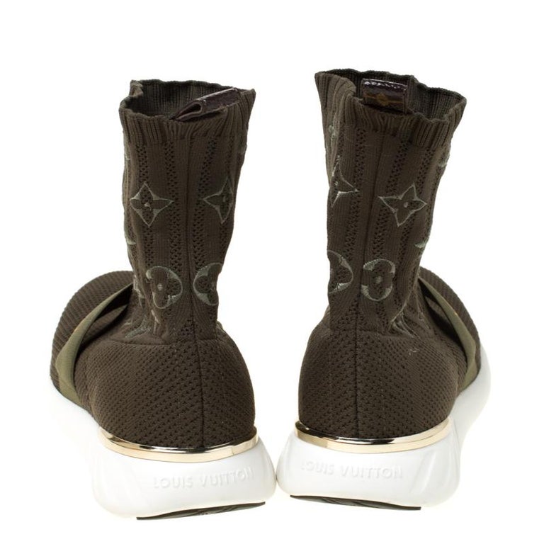 Louis Vuitton Olive Green Monogram Embroidered Knit After Game Sock Boots Size36 For Sale at 1stdibs