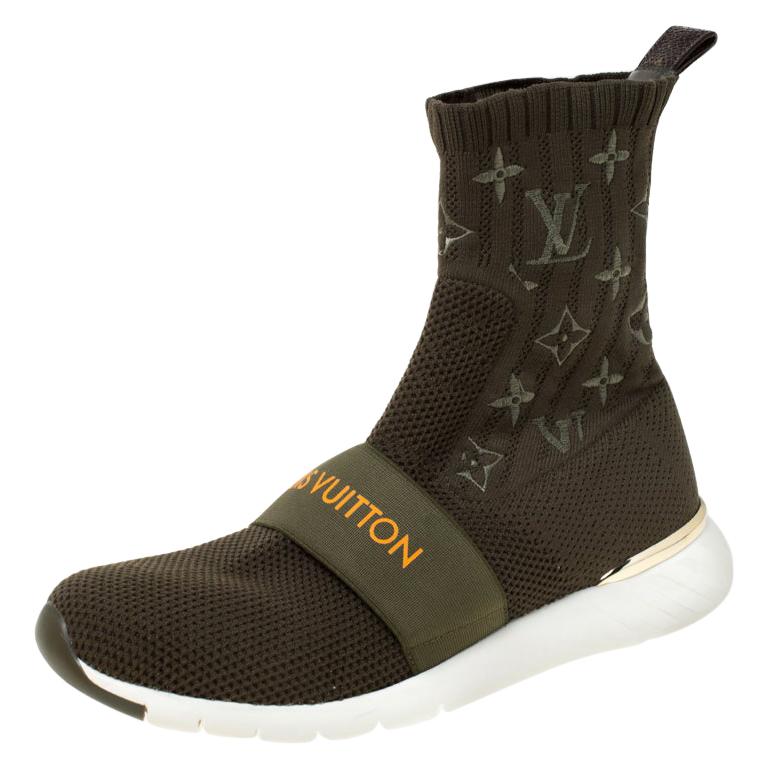 Louis Vuitton Olive Green Monogram Embroidered Knit After Game Sock Boots  Size36 For Sale at 1stDibs