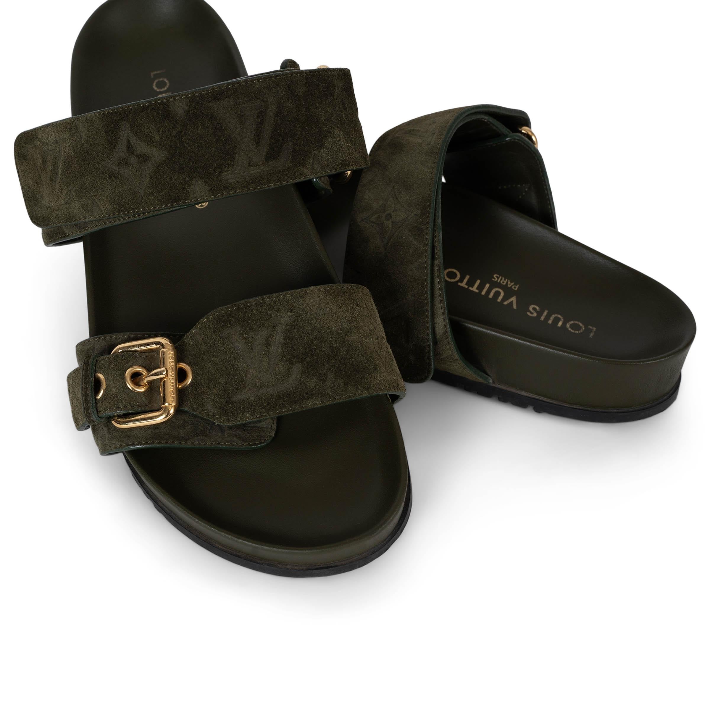 LOUIS VUITTON verde oliva Monogram camoscio BOM DIA SLIDE Sanals Scarpe 38 in vendita 1