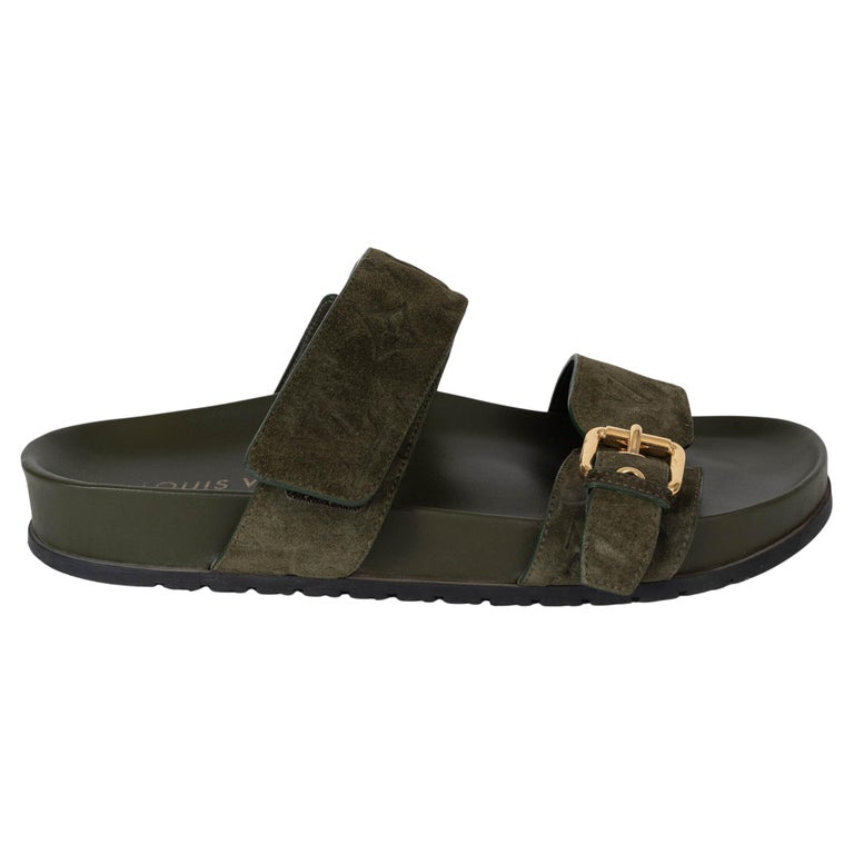 LOUIS VUITTON olive green Monogram suede BOM DIA SLIDE Sanals