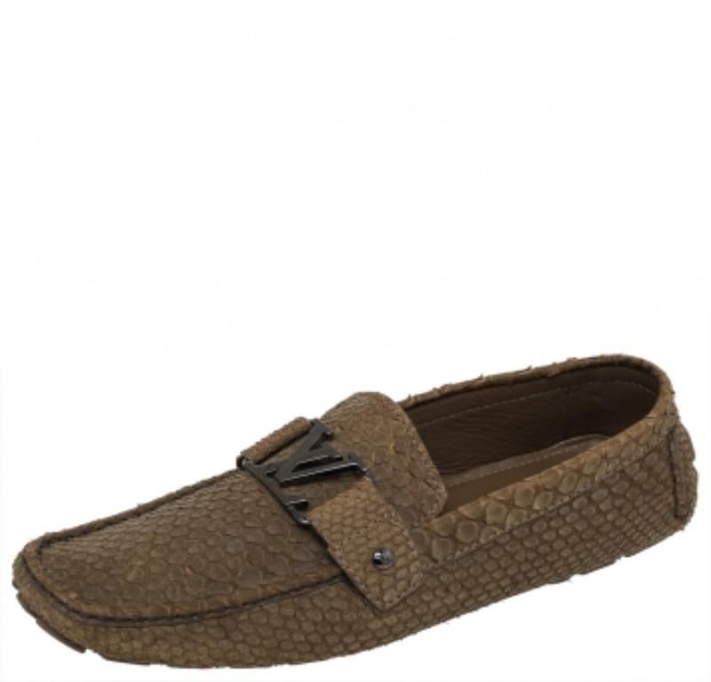 Louis Vuitton Olive Green Python Monte Carlo Slip On Loafers Size 44 In Good Condition In Dubai, Al Qouz 2